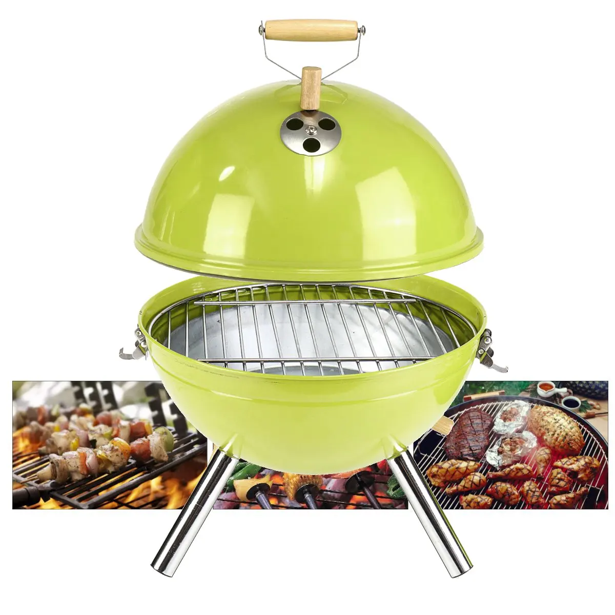 

30x44cm Portable Iron Kettle BBQ Grill Outdoor Camping Travel Charcoal Stove With Vent BBQ Accessories Cooking Tools Green