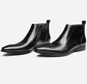 

Botas Hombre Short Men Leather Boots Large Size Cowhide Boots Bota Masculina Pure Leather Work Pointed Toe Ankle Genuine Leather