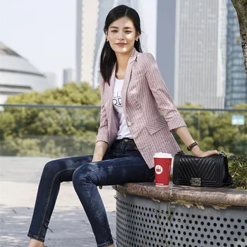 

Office Lady Formal Fashion Women Blazers and Jackets Notched Slim Striped Lady Coat Three Quarter Sleeve Blazer Feminino