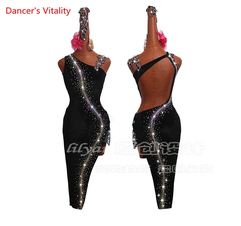 Latin Dance Competition Costumes Performance Clothing Performance Women Black Velvet Shoulders Luxury Diamond Dress