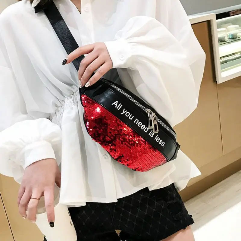 

Women Shoulder Bag Fashion Casual All-match Adjustable Letter Sequin Decoration Zipper Shoulder Bag Retro Chest Bag