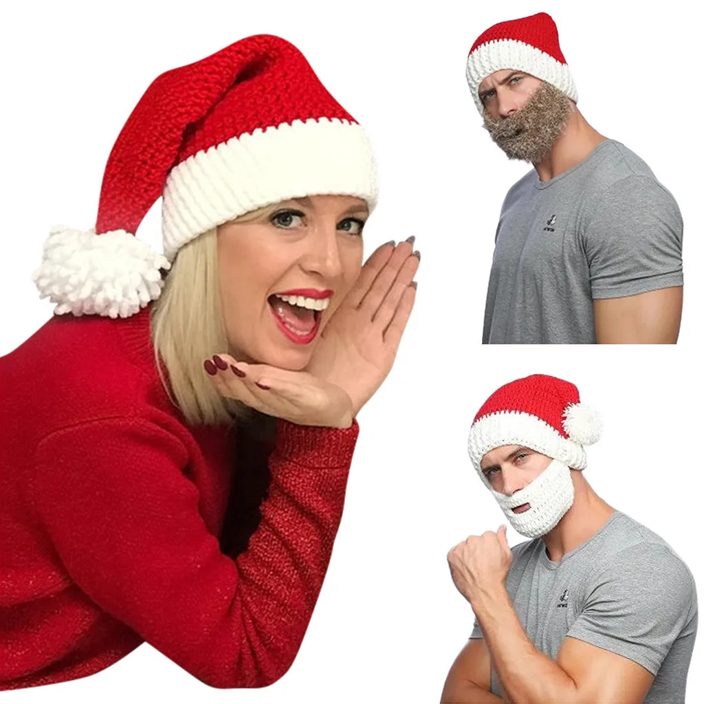 Модная осенне-зимняя унисекс Рождественская шапка со съемной бородой, теплая вязаная шерстяная шапка, костюм для косплея, головные уборы, аксессуары# g3
