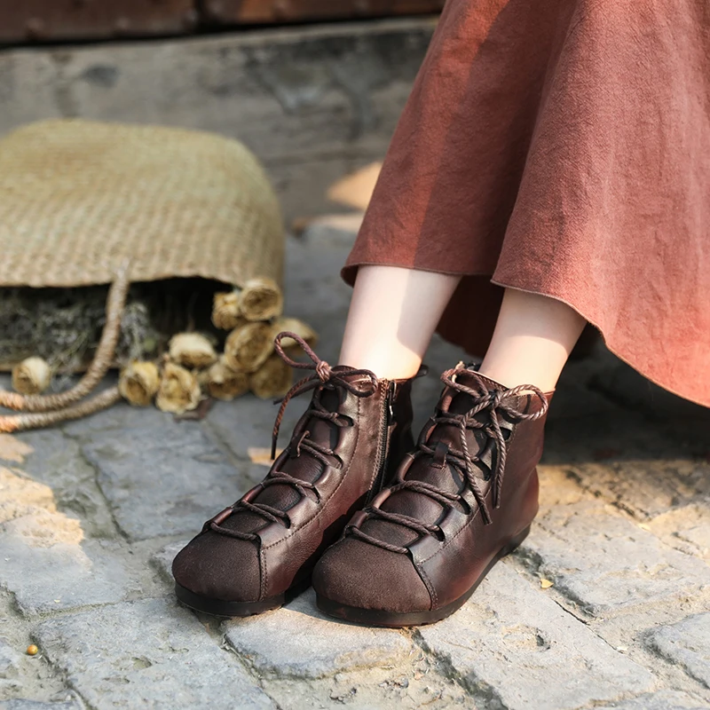 

Women Leather Boots SOft Bottom FLat Heels Shoes WOmen SPring Ankle Boots Lace Up Handmade Genuine Leather Women Martin Boots