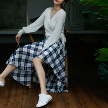 

ROJAY Chininese Vintage Skirt Women Umbrella Skirt High Waist Big A-Line Plaid Skirt Asymmetric Dress Short Front Long Back