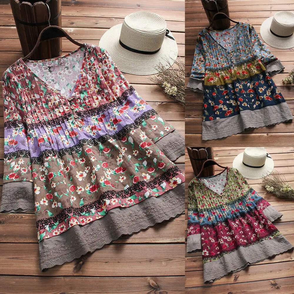 Boho Женская Винтажная футболка с длинным рукавом с v-образным вырезом на пуговицах с цветочным принтом в стиле печворк модная повседневная свободная футболка Топы рубашка
