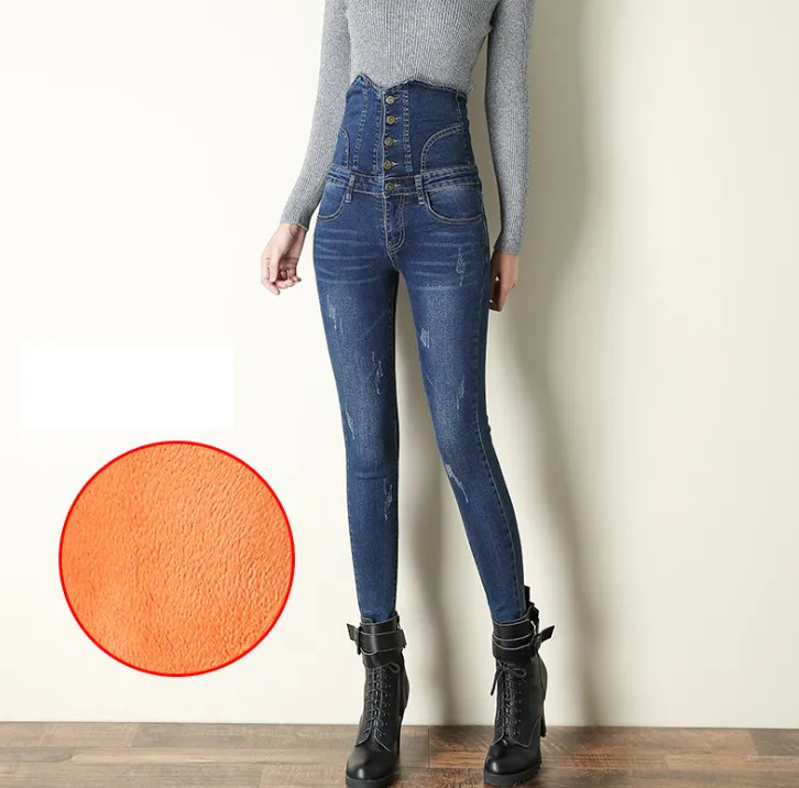 Женские джинсы с высокой талией, хорошо тянущиеся джинсы с флисовой подкладкой, зима-осень, джинсовые штаны для мальчиков и девочек, брюки бойфренда ouc645 - Цвет: Deep Blue Fleece