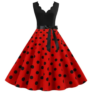 

Women Vintage Summer Dot Print Sleeveless Casual Evening Party Prom Dress 2020 Dresses For Lady Платье