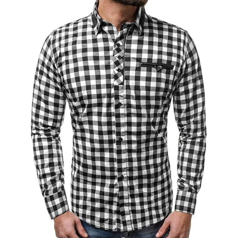 Plaid Shirt for Men Social Lattice Men Shirt Long sleeve Grid Casual dress Blouse Men Red Black - Цвет: Black White 1503AC78