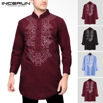 

INCERUN Men Shirt Printed Indian Clothes Retro Long Sleeve Tops Streetwear Vintage Stand Collar 2020 Casual Long Shirt Plus Size