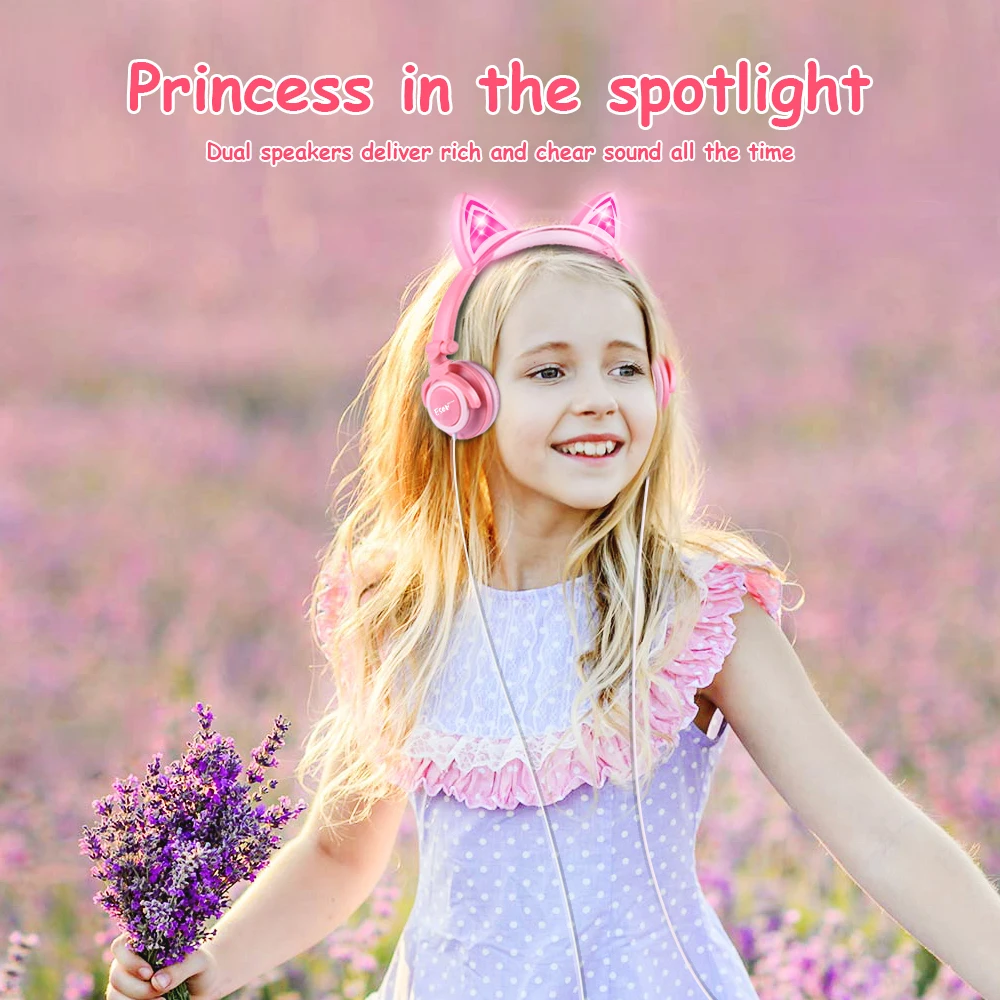 Esonstyle Kids Headphones Over Ear with LED Glowing Cat Ears Safe Wired Headsets 85dB Volume Limited Headphones For Kids Gift