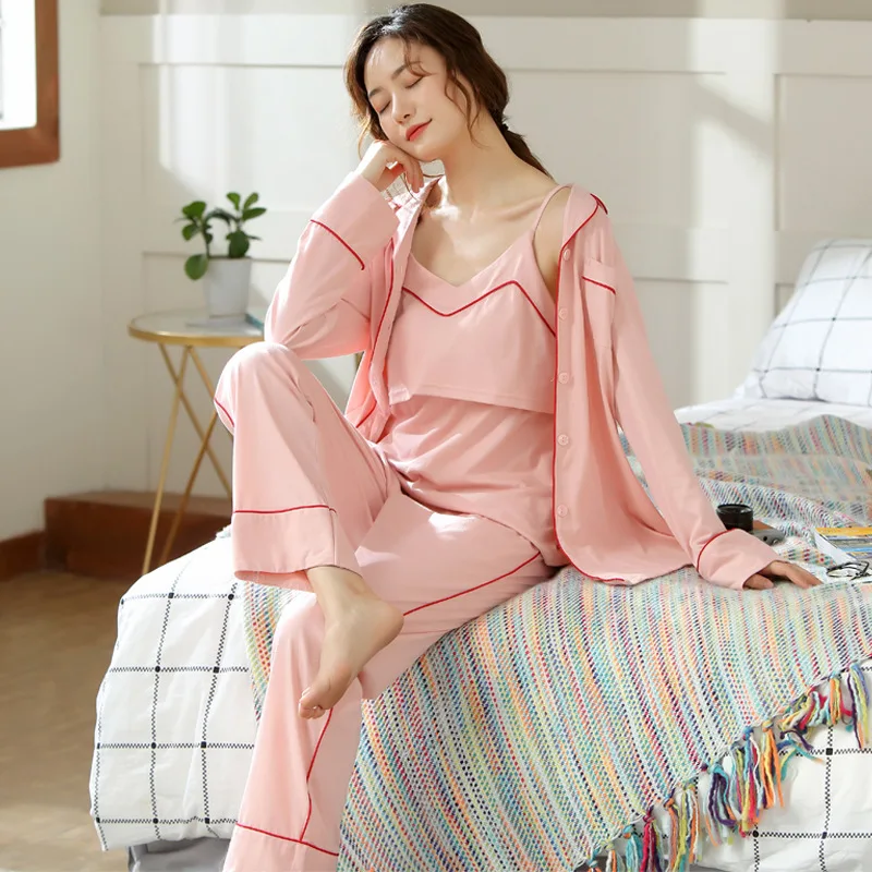 Pink 3 шт./компл. Хлопчатобумажная Пижама для беременных; для кормления одежда для сна; Одежда для беременных; Для женщин Весенняя Ночная сорочка для беременных - Цвет: Pink