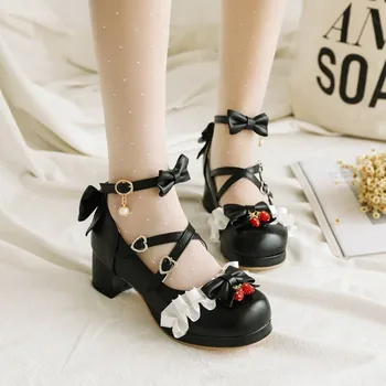 

Womens Lolita Strawberry Rhinestones Chunky Heel Round Toe Bowknot Mary Janes Kawaii Cosplay Shoes Plus Size Cross-strap