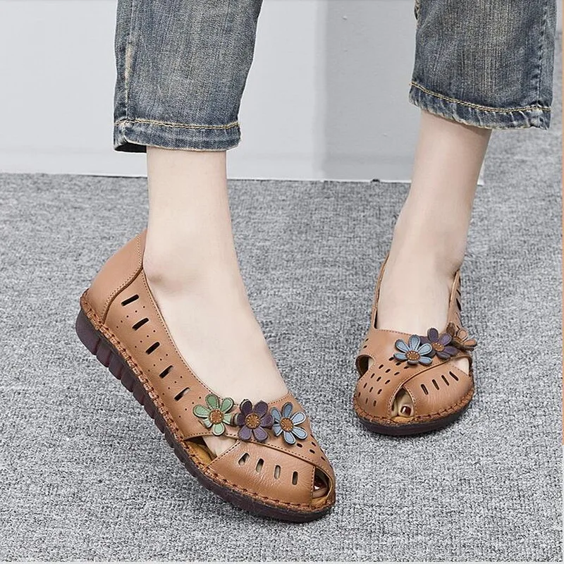 

Plus Size 35-43 Genuine Leather Women Sandals Ladies Flat Summer Shoes Woman Slip On Casual Loafers With Flowers Soft Comfort Sa