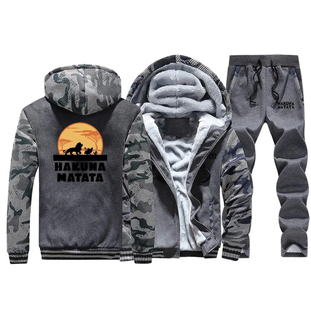 Dark Gray 5 Горячая Распродажа зимней коллекции года, камуфляжный худи мужской костюм короля льва, теплая куртка, спортивная куртка+ штаны, комплект из 2 предметов - Цвет: Dark Gray 5