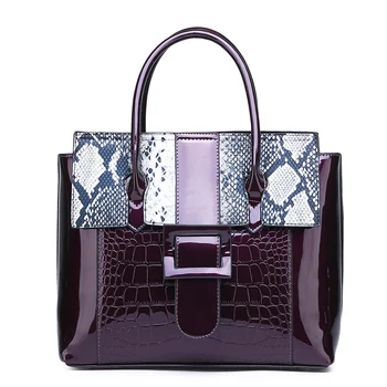 

fabra serpentine patern patent leather women handbags fashion messenger shoulder bags rivet crossbody hand tote bag purple