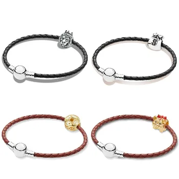 

2019 NEW 100% 925 Sterling Silver 1:1 SHINE PIGGY BANK Good Fortune Coin Money Bag Lion Head Beads Braided Leather Bracelet Set