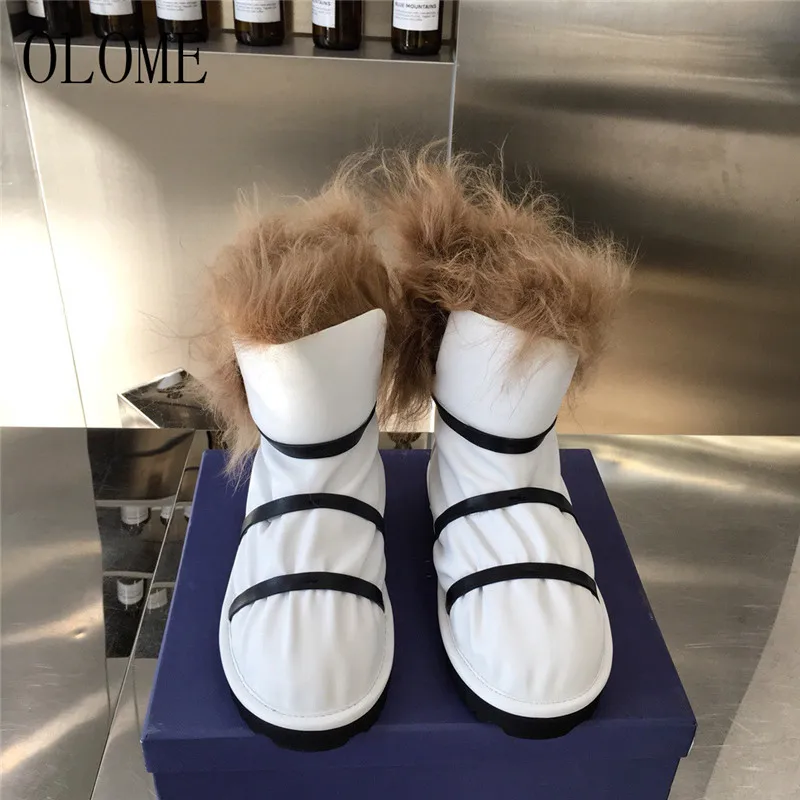 

OLOME New Fashion Black White Genuine Leather Women Ankle Boots Round Toe Slip On Women Winter Warm Flat Boots Shoes Woman