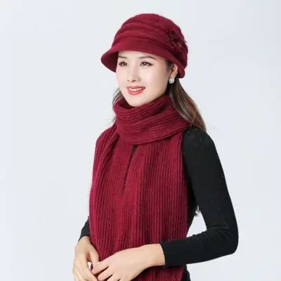 New Women Knitted Hats Winter Thicken Double Layer Casual Elegant Mixed Rabbit Hair Hat Elegant Female Hats - Цвет: wine red Hat Scarf