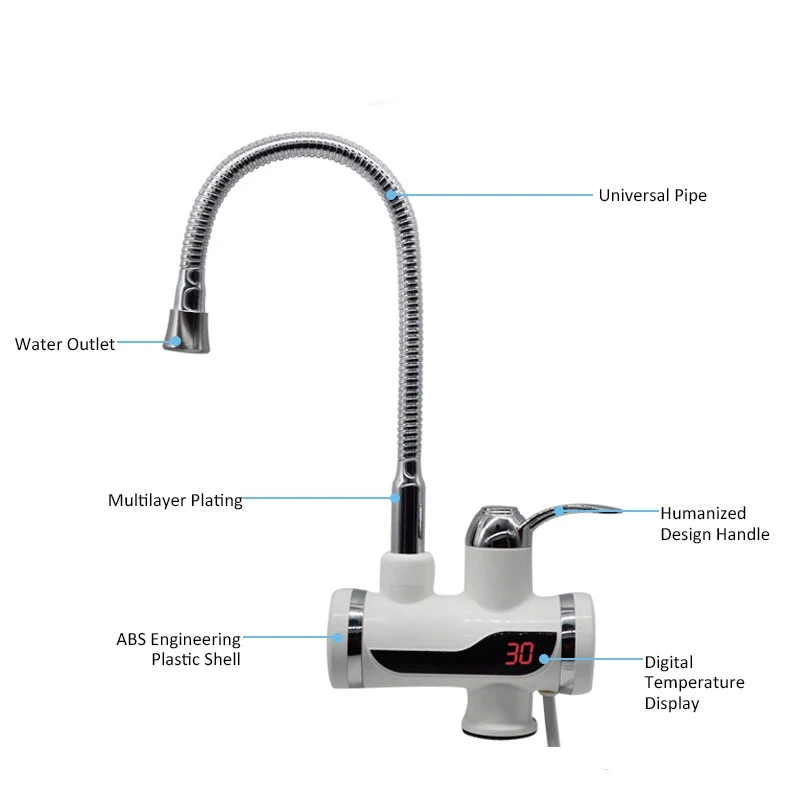 Kitchen Faucet Led Digital Temperature Display Electric Water Heater with 360 Degree Rotate Pipe Eu Plug