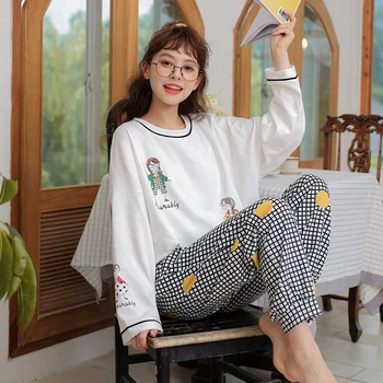 

Pajama Sets Long Sleeve Autumn 2XL Cartoon Ulzzang Leisure Homewear Stretchy Korean Style Loose Womens Stylish Elegant Simple