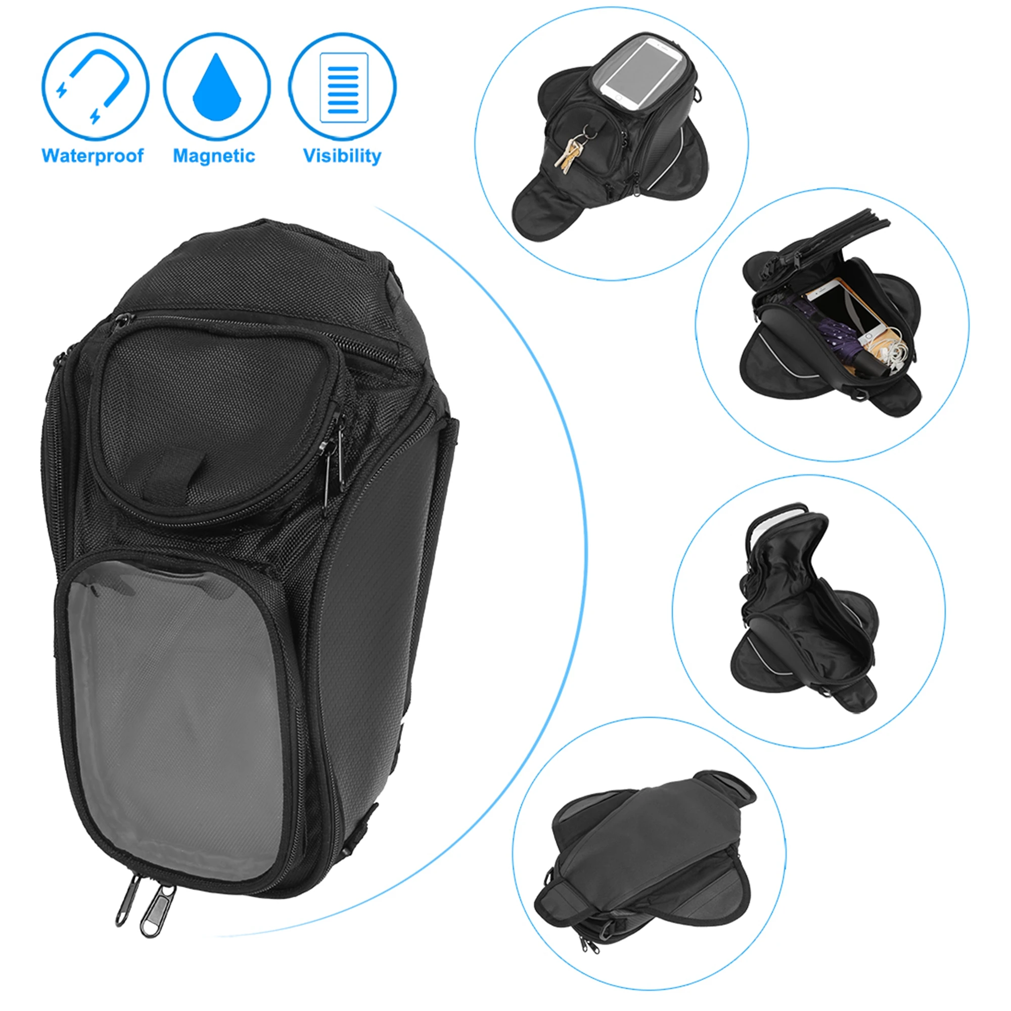 Motoforti Universal 6.8'' Motorcycle Tank Bag Oxford Waterproof Magnetic Gas Oil Fuel Saddlebag Big Window motorcycle tank bag
