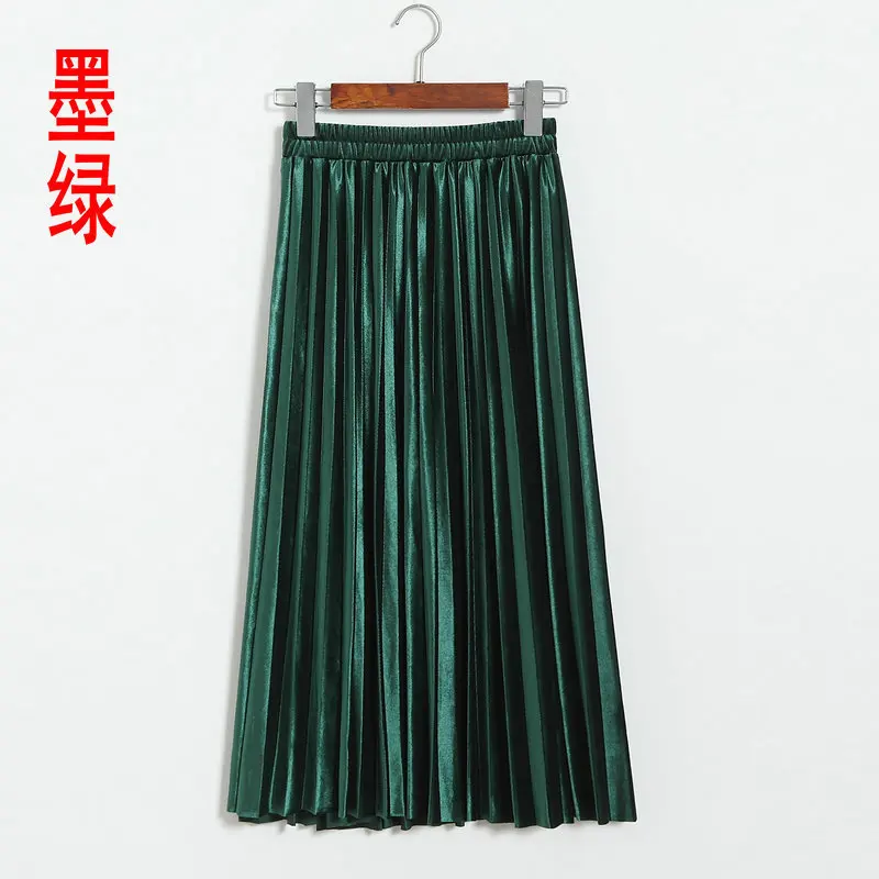 dark green Весенняя и зимняя Золотая Бархатная юбка, новинка, дикая Золотая Бархатная плиссированная юбка, металлический цвет, длинная юбка для женщин - Цвет: dark green