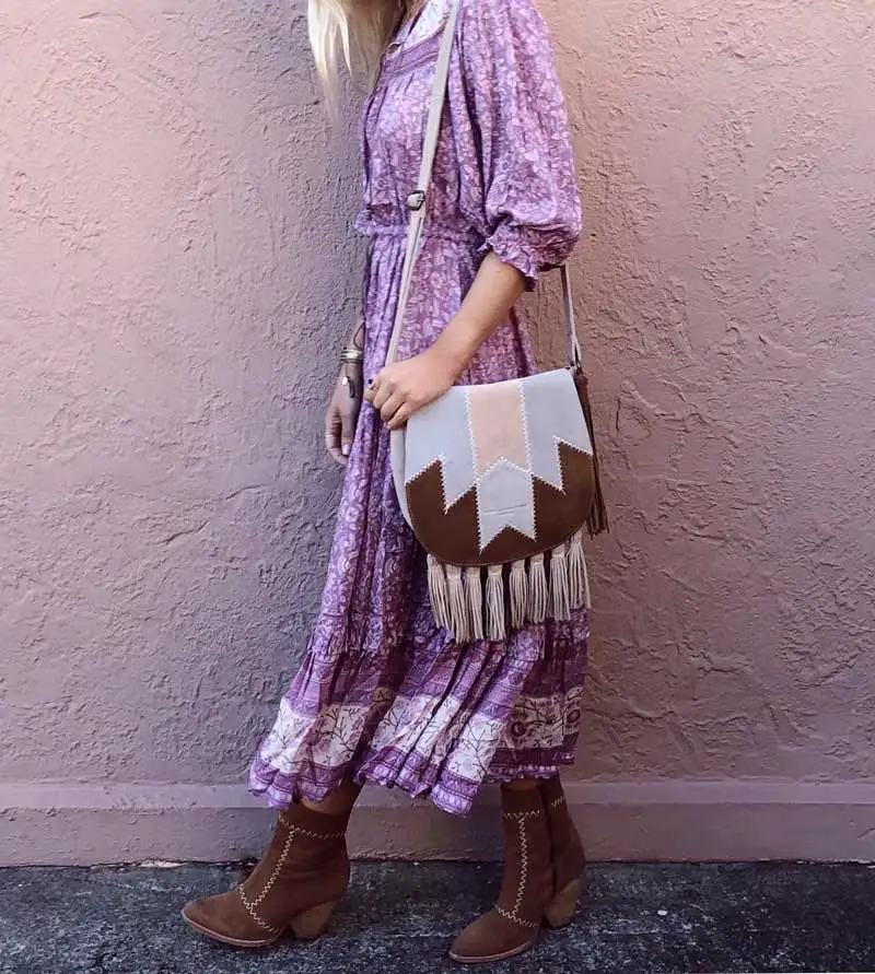 Женское кружевное платье с длинным рукавом BOHO фиолетовое ажурное v образным