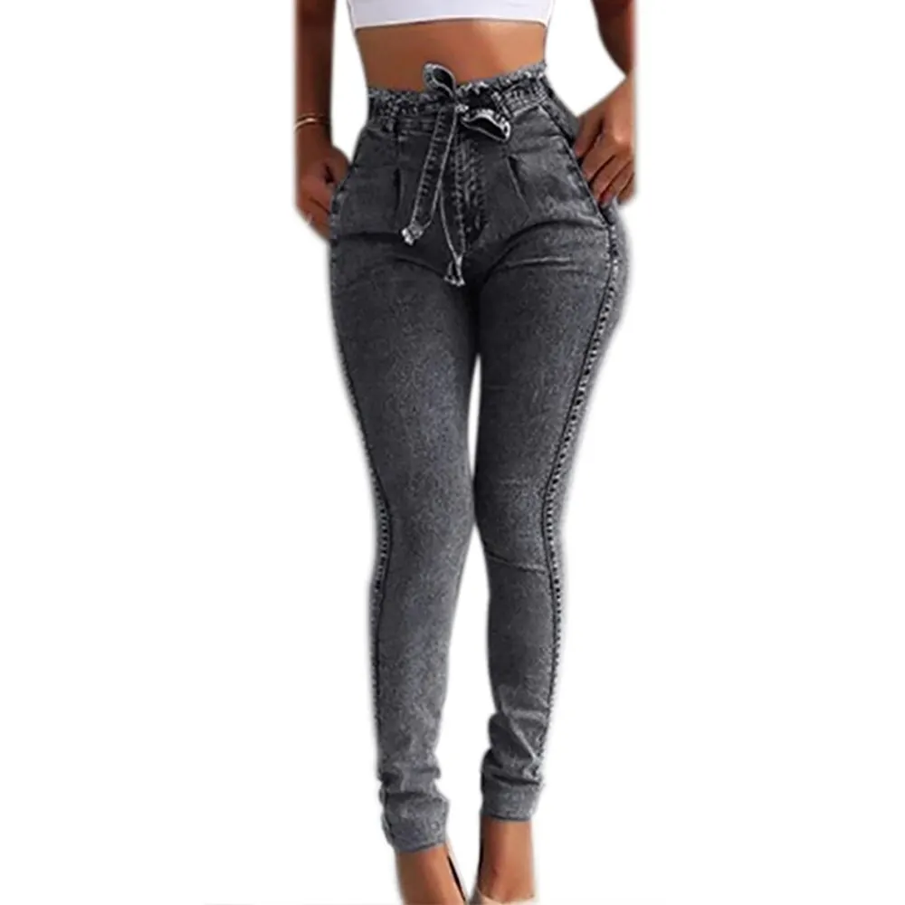 

MoneRffi 2020 Spring High Waist Jeans For Women Slim Stretch Denim Jean Bodycon Tassel Belt Bandage Skinny Push Up Jeans Woman