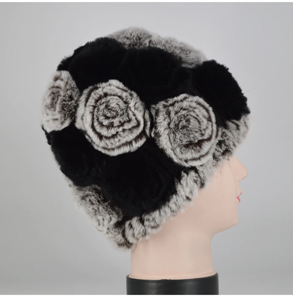 Winter Rex Rabbit Fur Hat Women Knitted Natural Rex Rabbit Fur Flowers Beanies Hats Warm Soft Real Rex Rabbit Fur Caps
