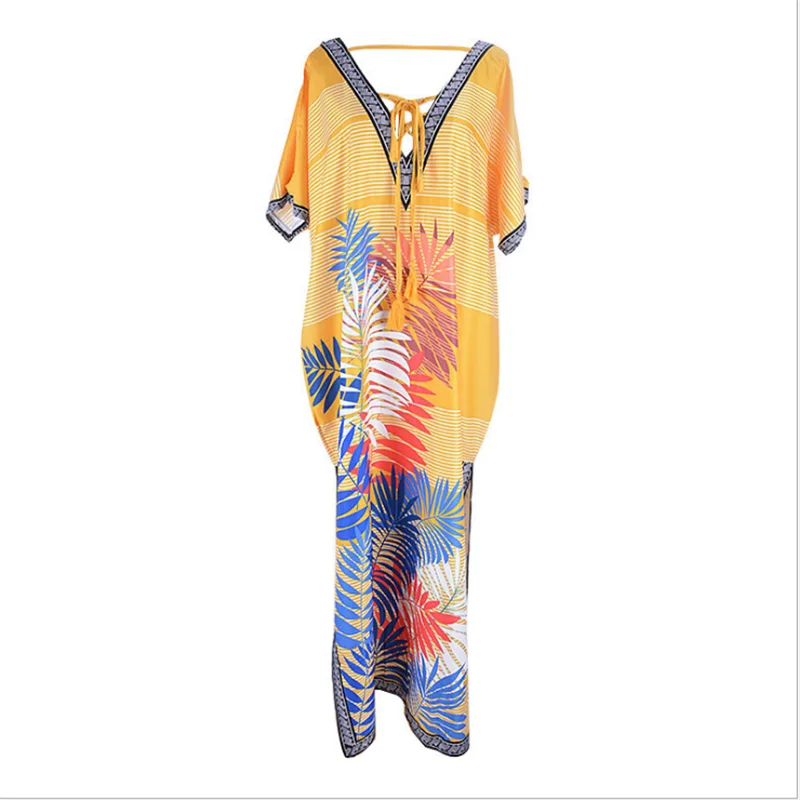 Бикини-накидка, длинное, желтое, с цветочным рисунком, Boho, макси, Robe De Plage, Пляжное Платье, v-образный вырез, саронг, купальник, платья, парео, De Плайя Mujer - Цвет: Золотой