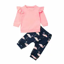 Повседневные осенние комплекты одежды для маленьких девочек, рубашки с рукавами-крылышками, топы, брюки с изображением фламинго, 2 предмета, хлопковая одежда для маленьких девочек 0-18 месяцев