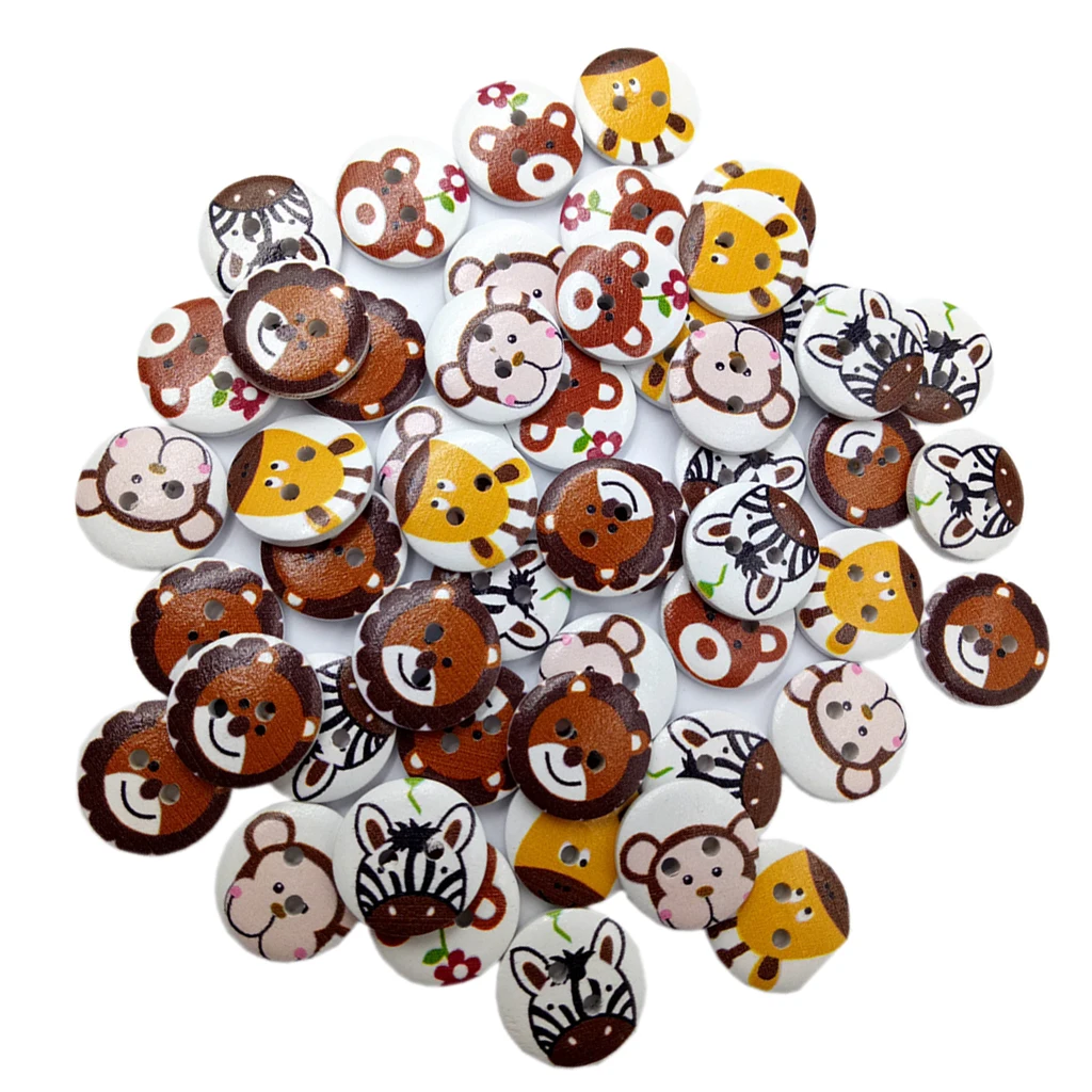 50Pcs Round 2 Holes Wood Sewing Buttons Vintage Cartoon DIY Scrapbooking Crafts For Clothing Craft Supplies , 20mm