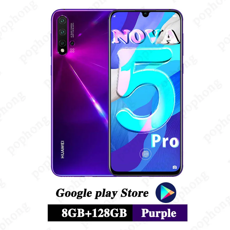 huawei Nova 5 pro, 8 ГБ, 128 ГБ, мобильный телефон, четыре ядра, 6,39 дюймов, OLED, Android 9,0, 3500 мАч, встроенный экран, отпечаток пальца, Google play - Цвет: 8G 128G Purple