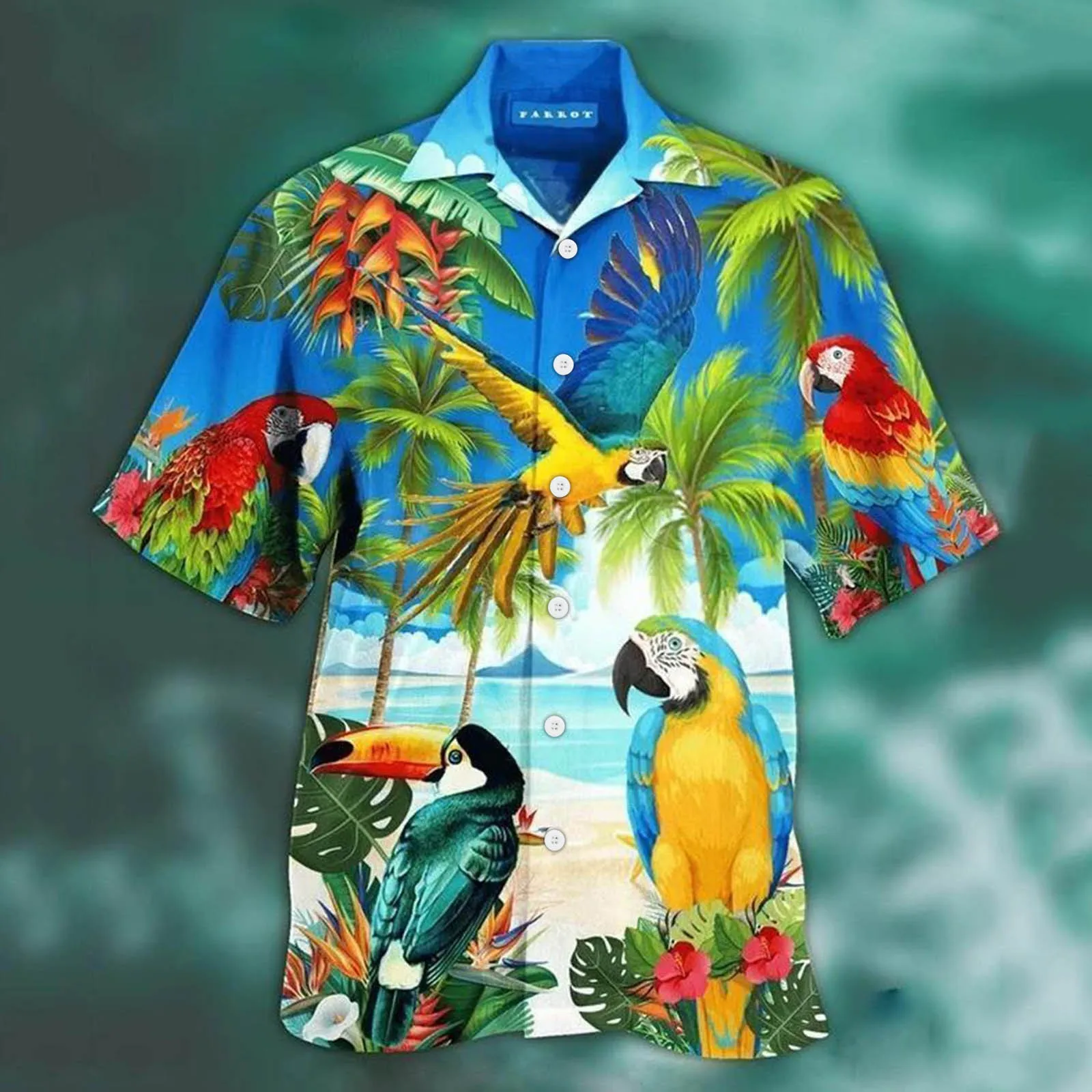 Animal Parrot Print Patchwork Fashion Hawaiian Men Shirt Cool Turn Down Collar Short Sleeve Streetwear Beach Summer Chic 3