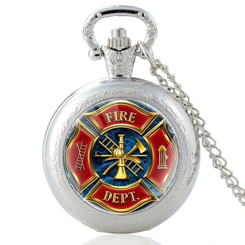 

New Arrivals Firemen Fire Dept. Design Glass Cabochon Quartz Pocket Watch Vintage Men Women Pendant Necklace Chain Clock