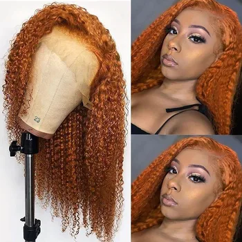 

Lace Front Wigs with Baby Hair Orange Colored Curly Human Hair Bleached Knots Natural Hairline Glueless 13x4 Lace Wig For Women