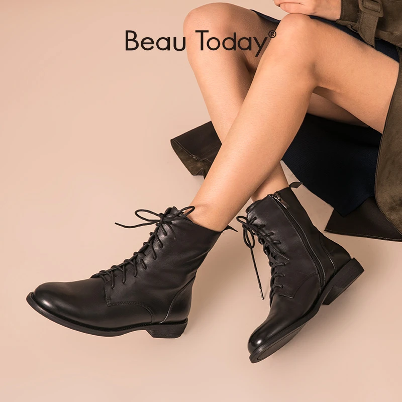 Women Ankle Boots Genuine Leather Female Winter Warm Boots Shoes Women Flat Lace Up Leather Shoes,Black,9 