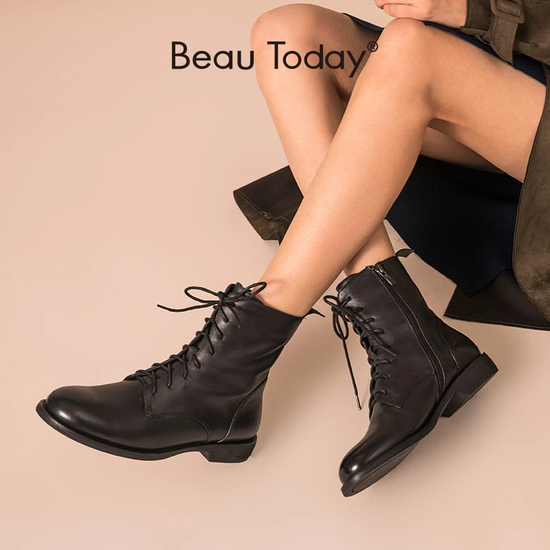 Beautodayアンクルブーツ女性の本革レースアップサイドジッパートップ品質秋冬女性の靴手作り 012 Ankle Boots Aliexpress