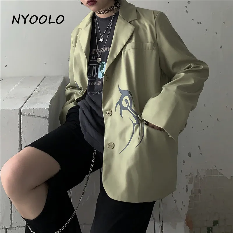 NYOOLO Harajuku Винтажная с драконом принт женский костюм с карманами Осенняя уличная одежда с длинным рукавом однобортное пальто женская мужская одежда верхняя одежда