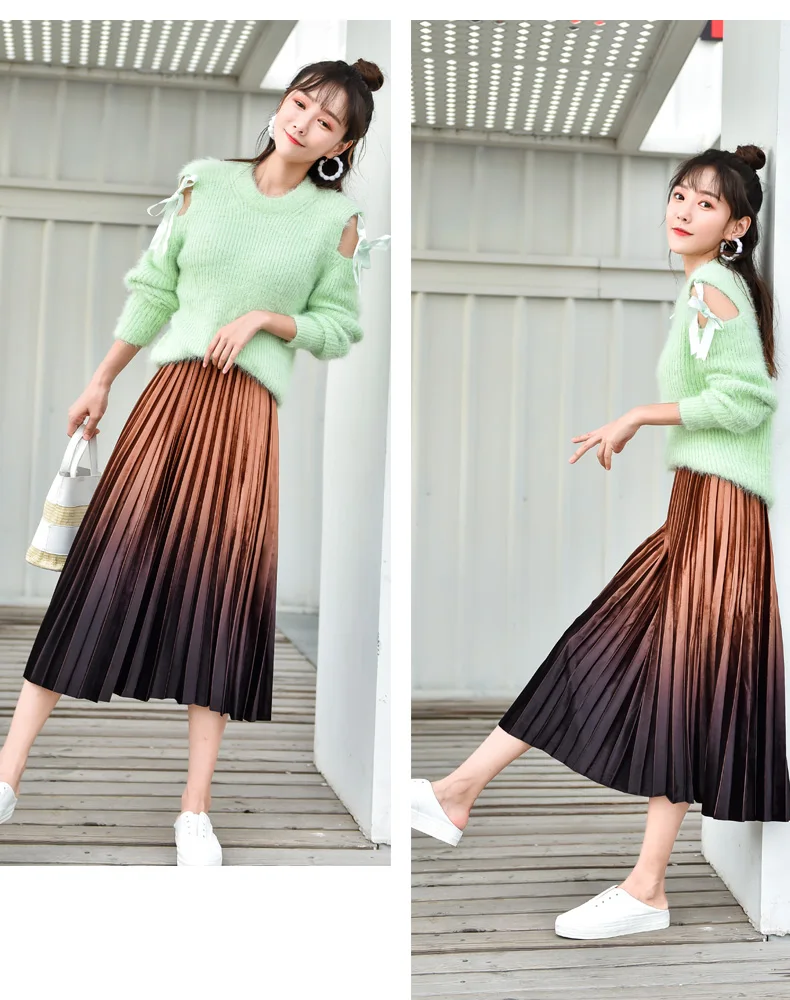 OHRYIYIE элегантная женская миди с разноцветным принтом длинная юбка осень зима Повседневная корейская мода Высокая талия плиссированная юбка солнце женская