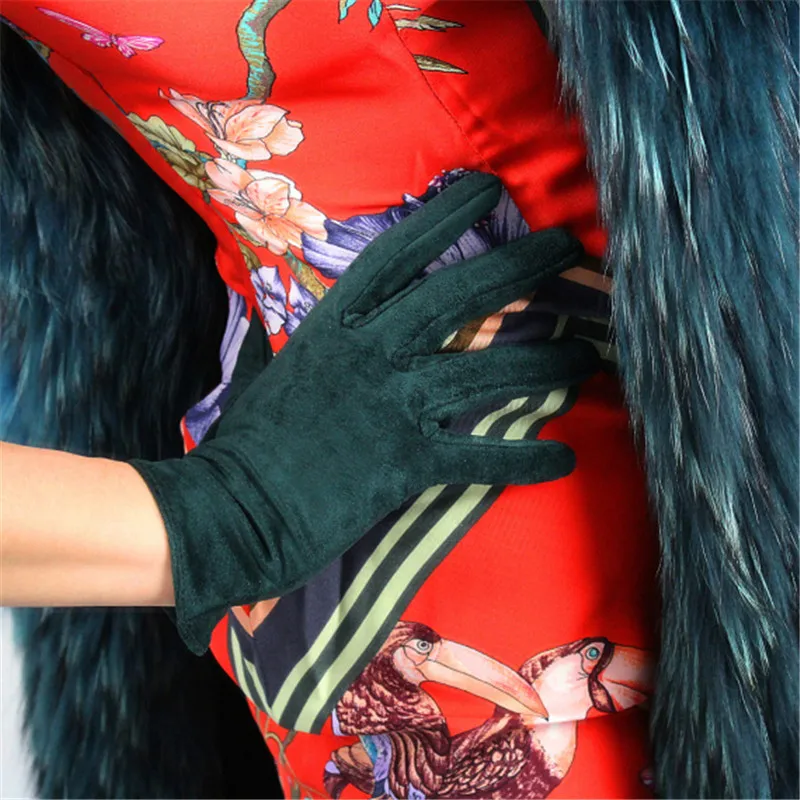 21cm Suede Short Gloves Short Section Emulation Leather Suede Scrub Dark Green Matte Forest Green Female Free Shipping WJP30-21