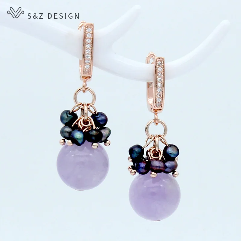 

S&Z Korean Fashion Natural Pearl Crystal Zirconia Dangle Earrings 585 Rose Gold Women Girl Wedding Jewelry Party Vintage Eardrop