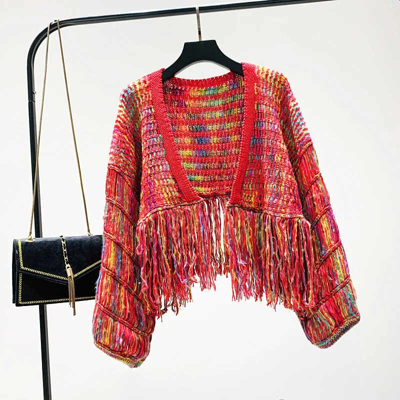 HAMALIEL,, подиумный дизайнерский женский свободный свитер с кисточками, модное пальто, Осень-зима, Радужный вязанный кардиган с рукавами-фонариками