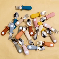 New Design Baby Feeding Solid Food Spoon Fork Set BPA Free Silicone Handle Cartoon Bear Stainless Utensil Children's Tableware 2