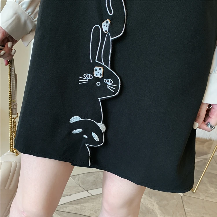 L-4XL размера плюс женское платье Kawaii осень Мода фонарь длинный рукав пэтчворк милый мультфильм Вышивка повседневные платья