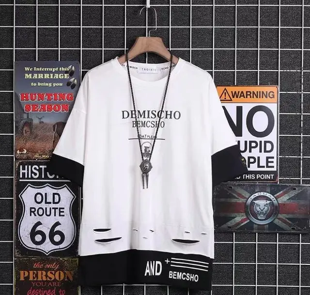 Summer Super Fire Ribbon Hooded Short Sleeve Hip Hop Fashion T Shirt Men S Fake Two Piece Street Bf Loose Five Sleeve T Shirt T Shirts Aliexpress