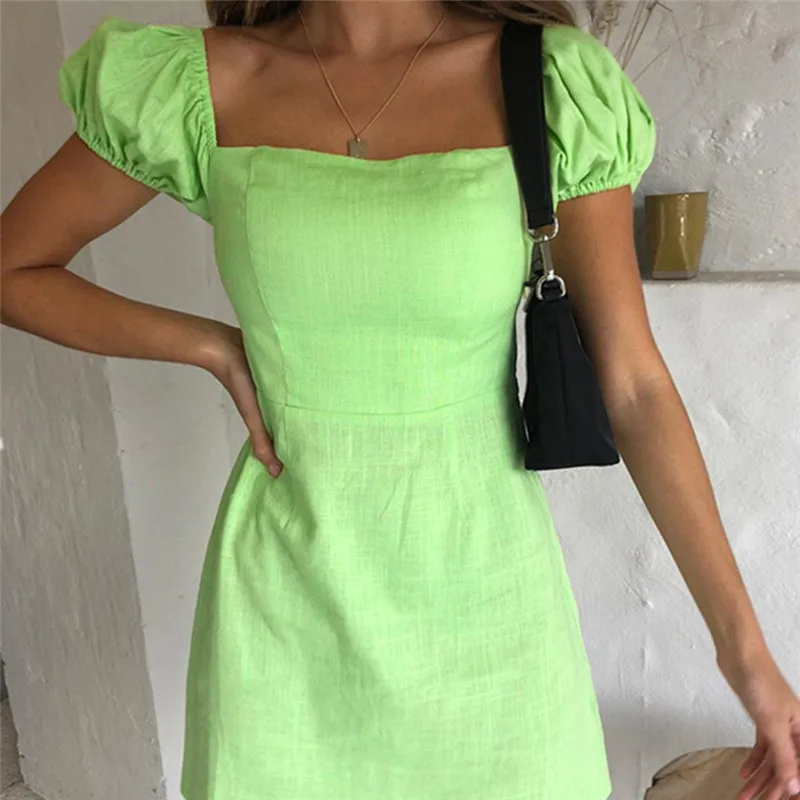 

French romance Elegant mini dresses women 2019 Square collar summer High street Beach leisure vacation short dresses mujer
