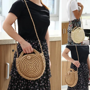 

New Round Straw Beach Bag Summer mini Vintage Handmade Crossbody Bag Girls Circle Rattan bag Small Bohemian Shoulder bag