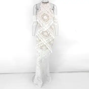 

Women Lace Hollow Out Long Dress Sheath Elegant Dress Halter Short Sleeeve Party Dress Clubwear