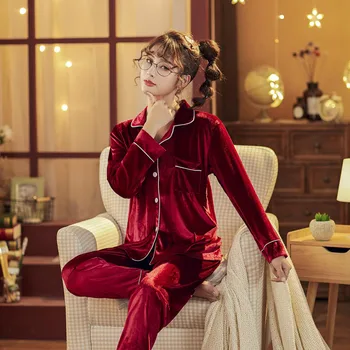 

Korean Long-sleeve Autumn Velvet Nightwear Sleepwear 2PCS Set Home Suit Pyjama Pajamas For Women Pijama Mujer пижама женская